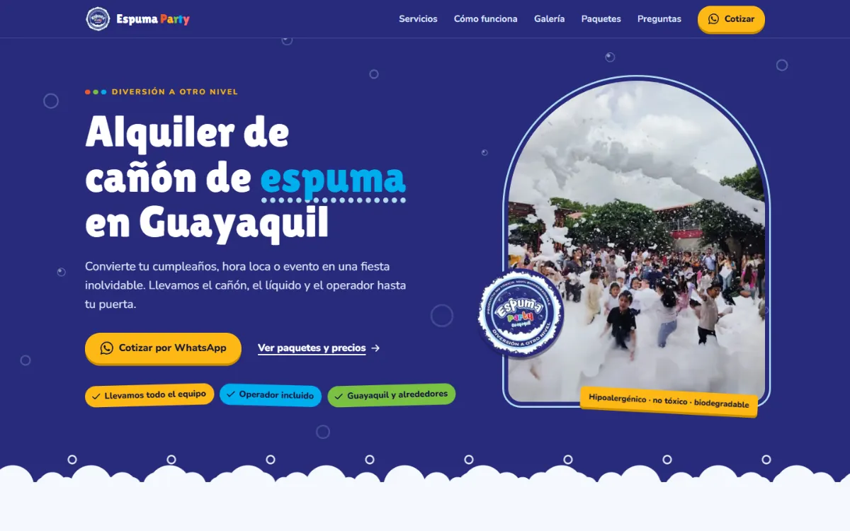 Portada de la web de Espuma Party Guayaquil en computadora