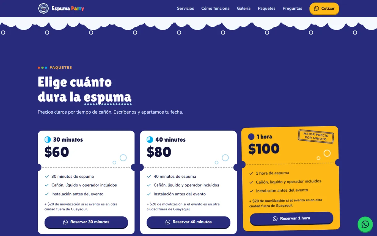 Sección de paquetes de 30 minutos, 40 minutos y 1 hora de Espuma Party
