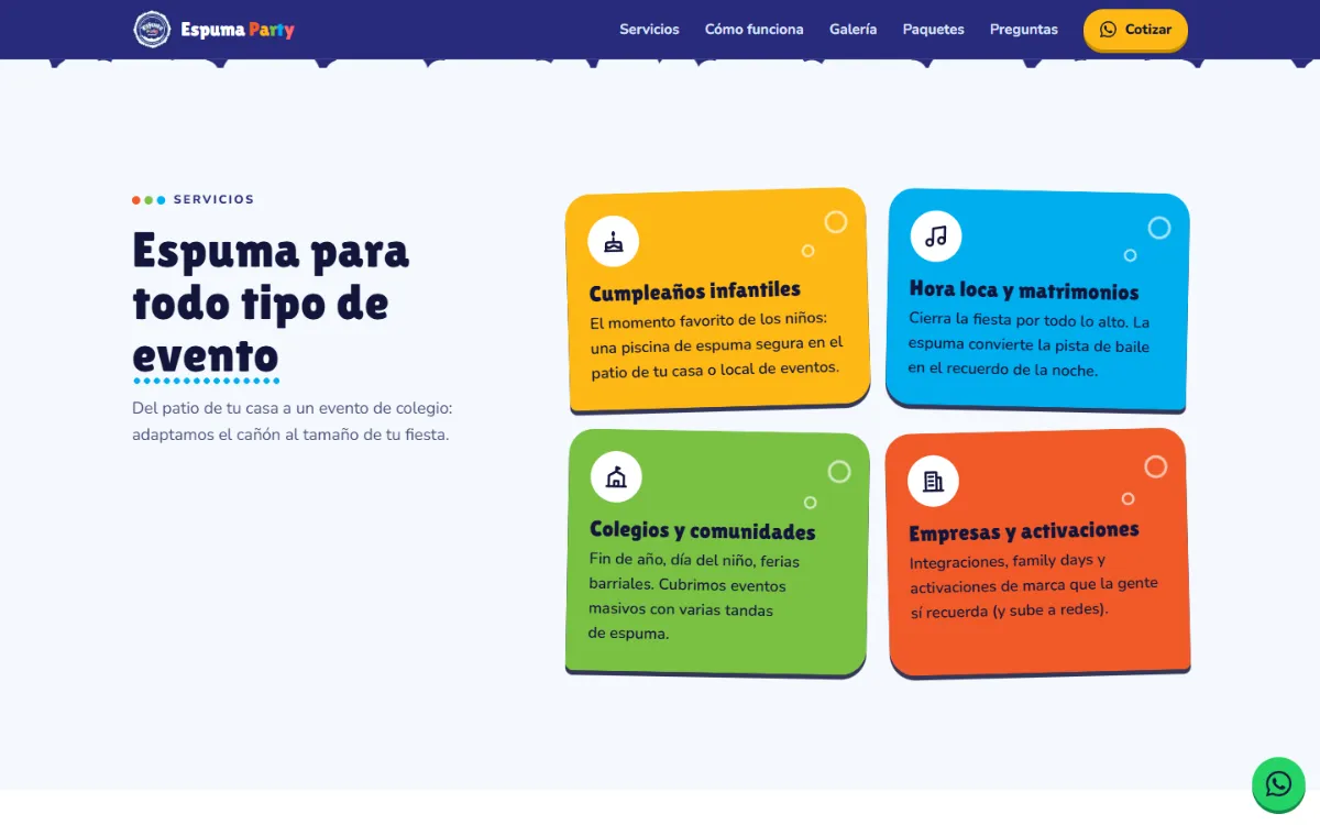 Sección de servicios por tipo de evento de Espuma Party