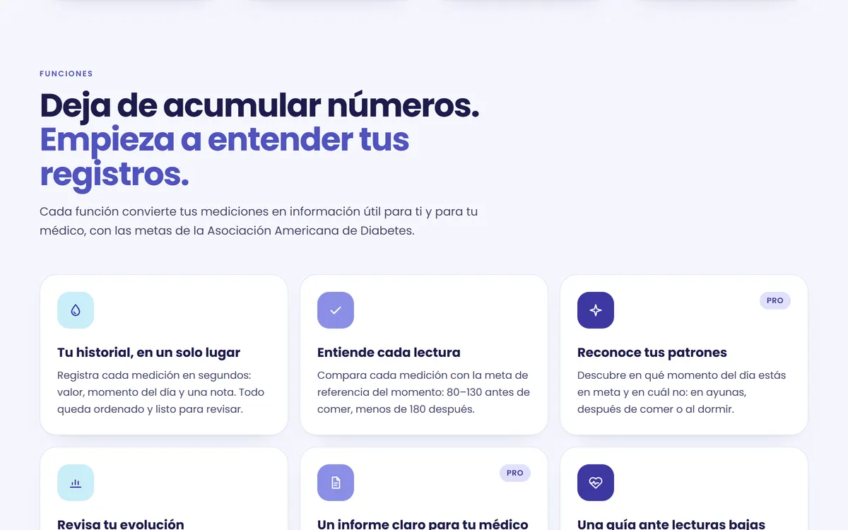 Sección de funciones de GlucoReport: historial, interpretación de lecturas, patrones e informe