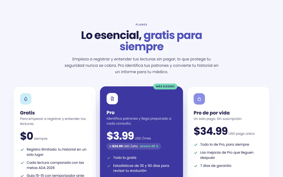 Planes de GlucoReport: Gratis, Pro mensual y Pro de por vida