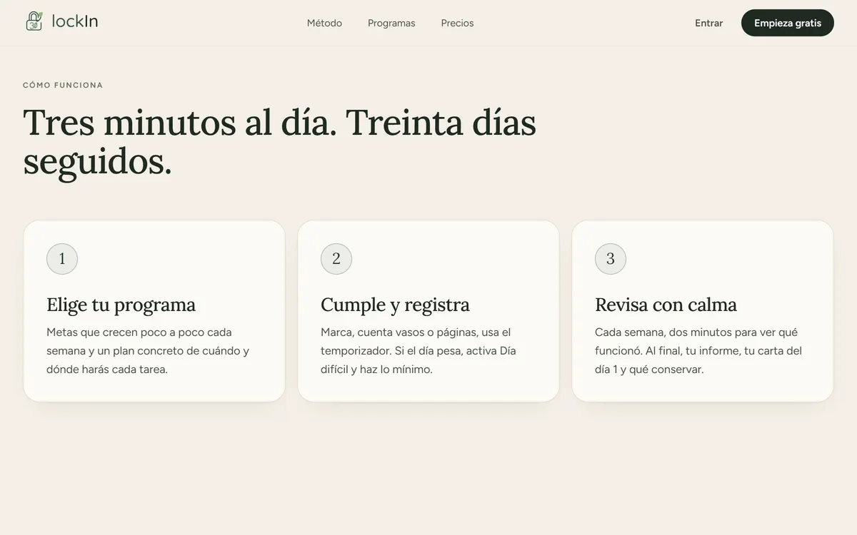 Sección Cómo funciona de lockIn: elegir programa, cumplir y registrar, revisar