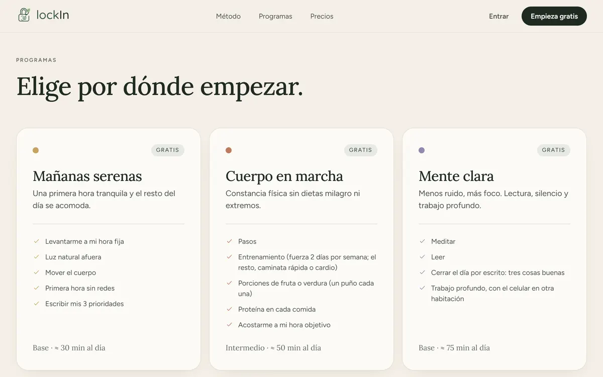 Programas guiados de lockIn: Mañanas serenas, Cuerpo en marcha y Mente clara